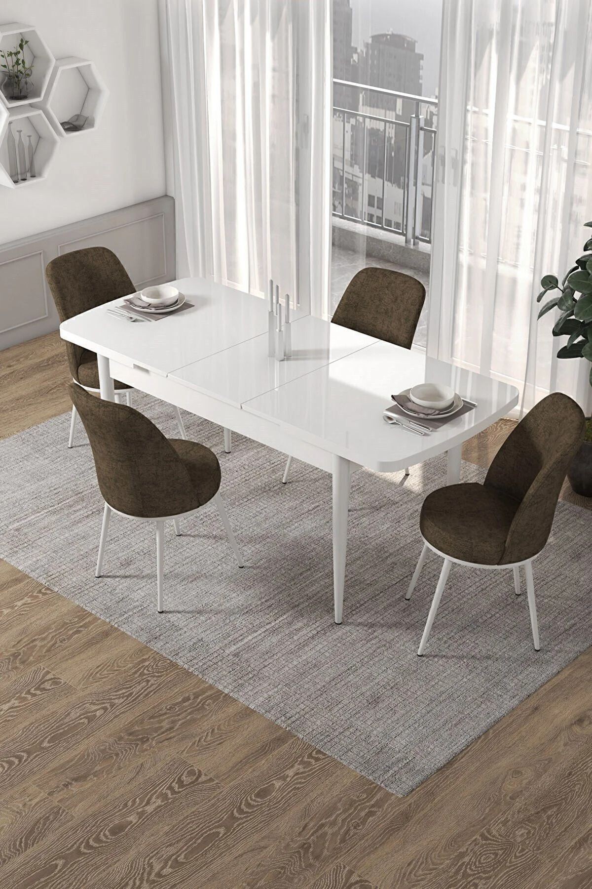 Kor Serisi 70x114 Açılabilir Beyaz Mutfak Masası Takımı ve 6 Sandalye
