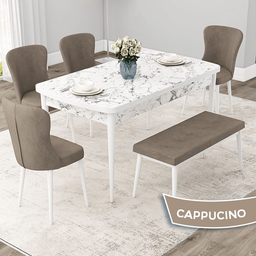 masa beyaz mermer desen sandalye cappucino