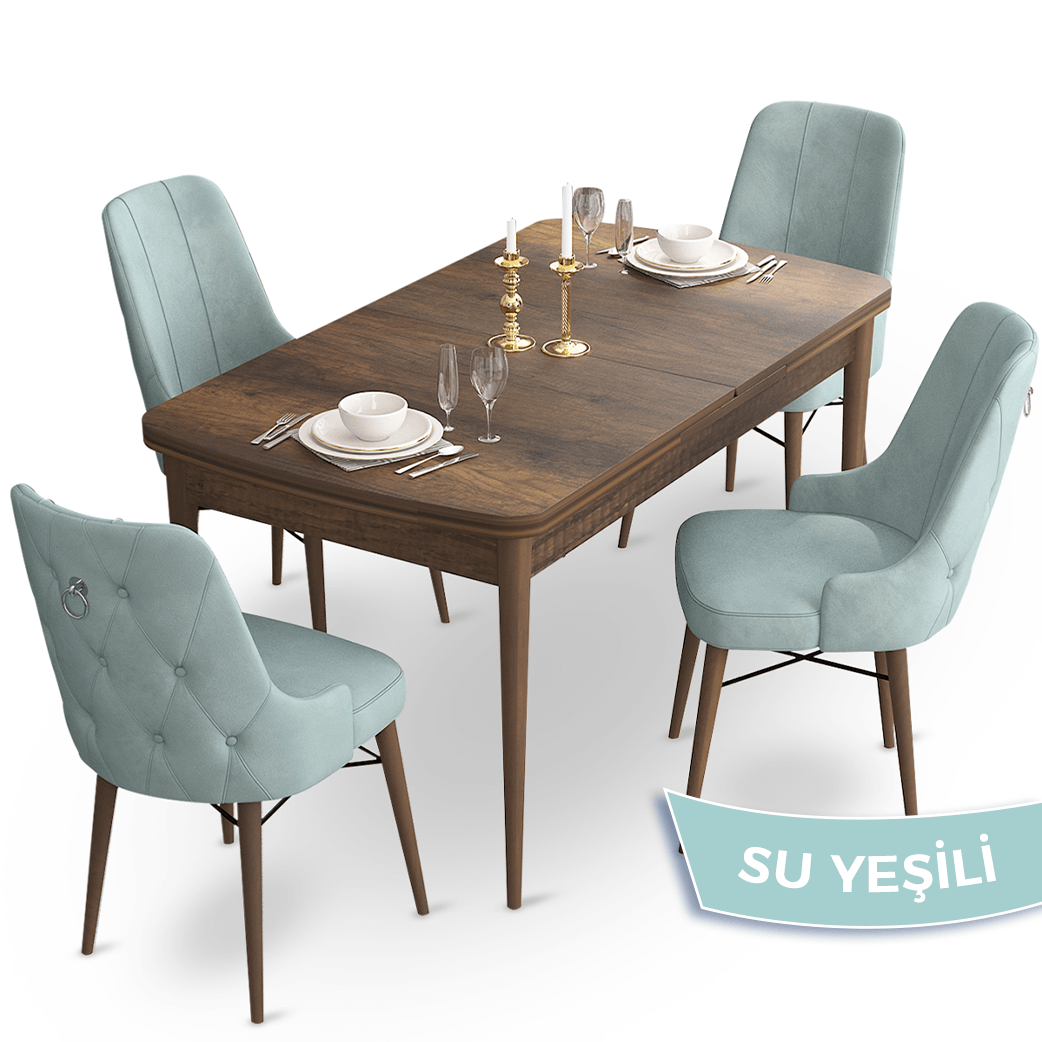 Taç Serisi 80x132 Açılabilir Gümüş Halka Barok Ahşap Desen Masa Takımı ve 4 Sandalye