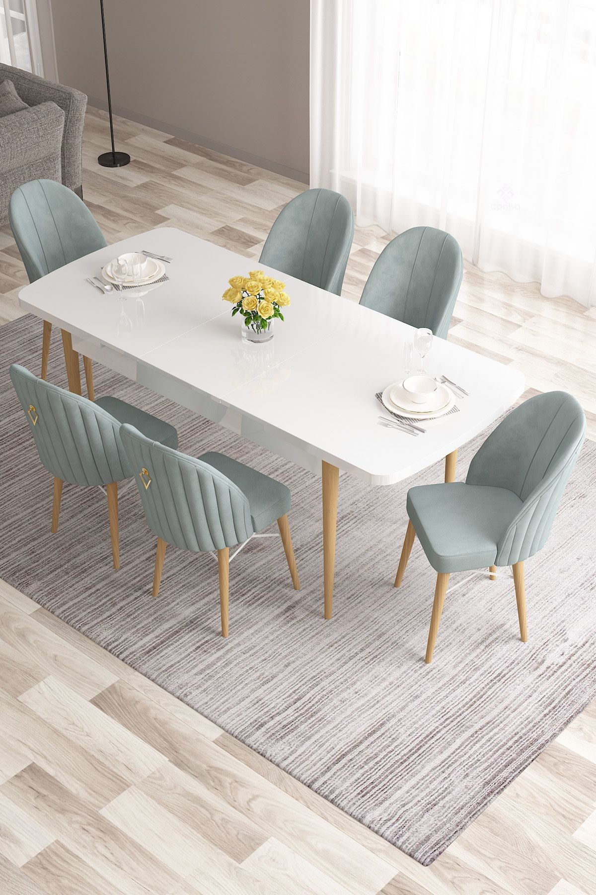 Roz Serisi 80x132 Mdf Açılabilir Gold Halka Beyaz Masa Doğal Ahşap Ayak Masa Takımı Ve 6 Sandalye
