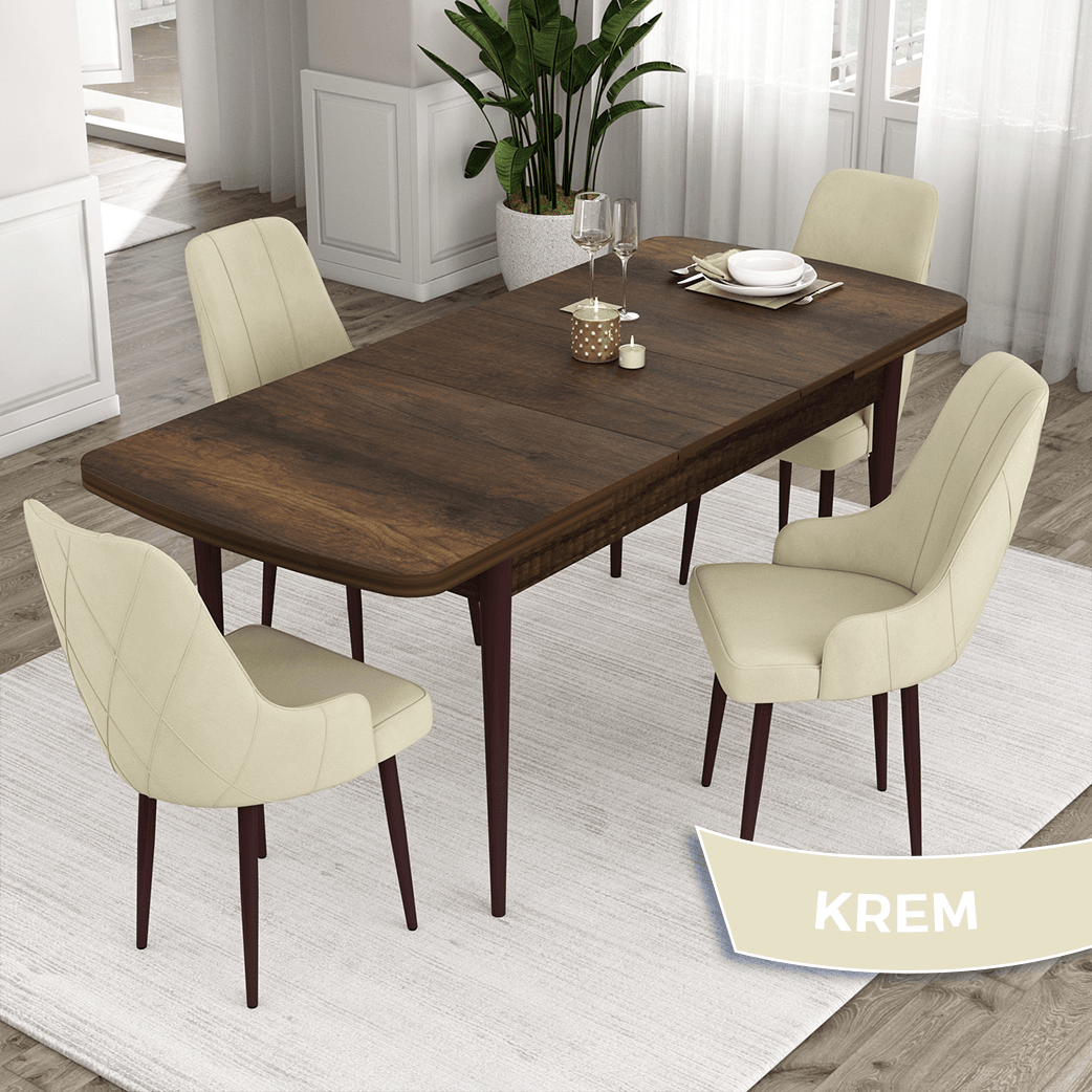 Ram Serisi 80x132 Açılabilir Barok Ahşap Desen Masa Takımı ve 4 Sandalye
