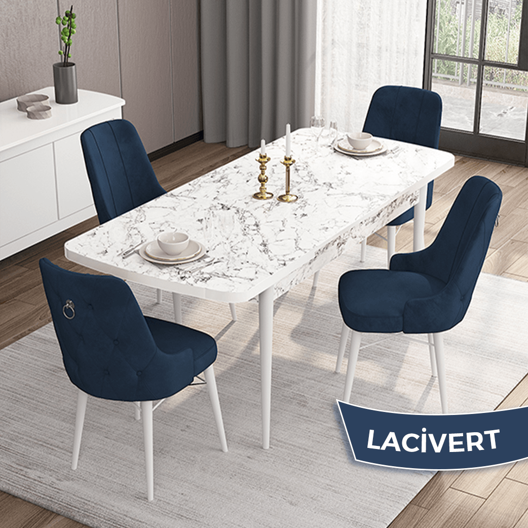 Lacivert Sandalye Beyaz Mermer Desen Masa