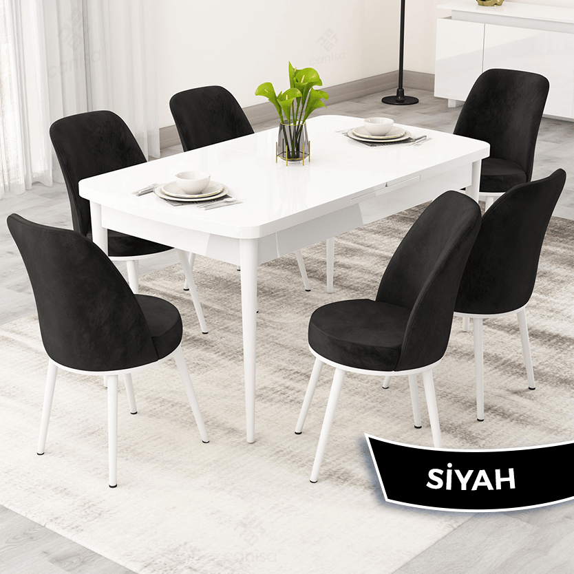 Nix Serisi 70x114 Açılabilir Beyaz Mutfak Masası Takımı ve 6 Sandalye