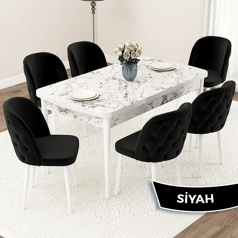 masa beyaz mermer desen sandalye siyah
