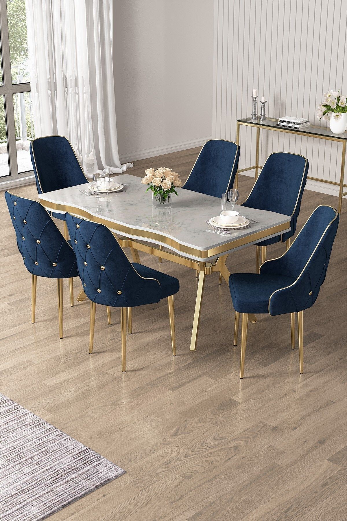 Vae Serisi 90x160 Lak Panel Beyaz Mermer Desen Masa ve 6 Sandalye Gold Kaplama Ayak