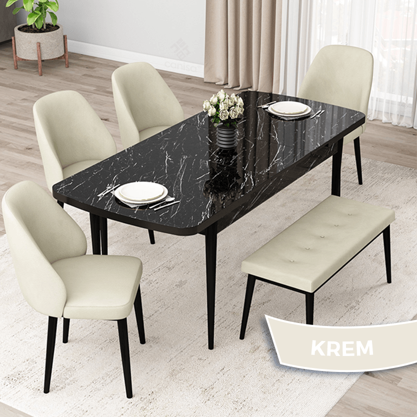 Orf Serisi 80x132 Açılabilir Siyah Mermer Desen Masa Takımı 4 Sandalye Ve 1 Bench