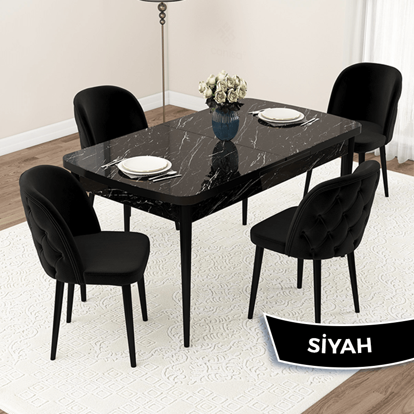 Masa Siyah Mermer Desen Sandalye Siyah Renk