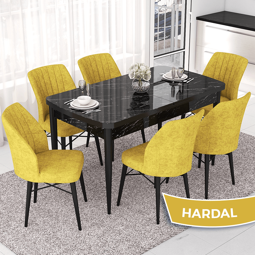 Nef Serisi 70x114 Açılabilir Mdf Siyah Mermer Desen Masa Takımı ve 6 Sandalye