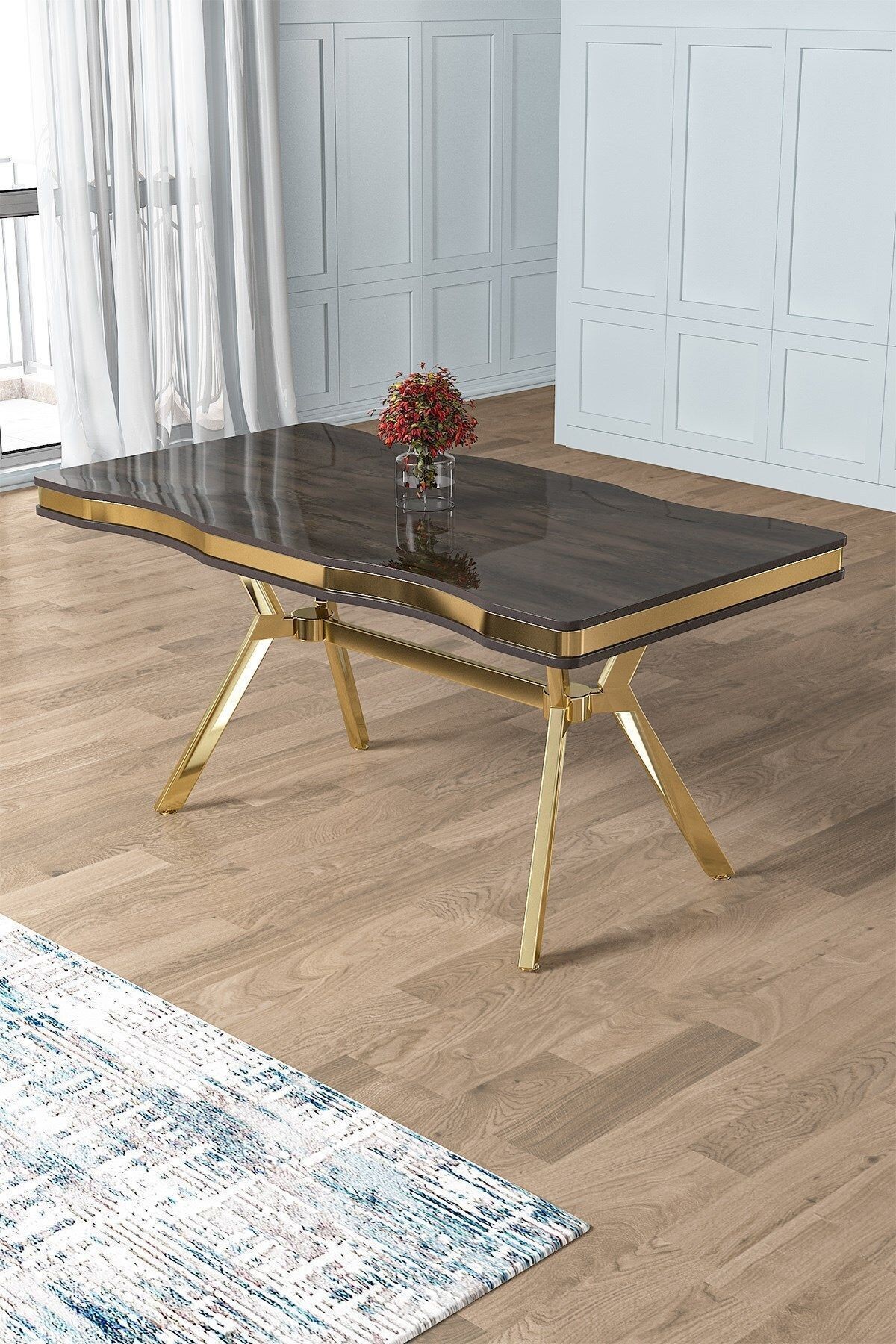 Prah Serisi 90x160 Lak Panel Antrasit İroni Masa ve 6 Sandalye Gold Kaplama Ayak