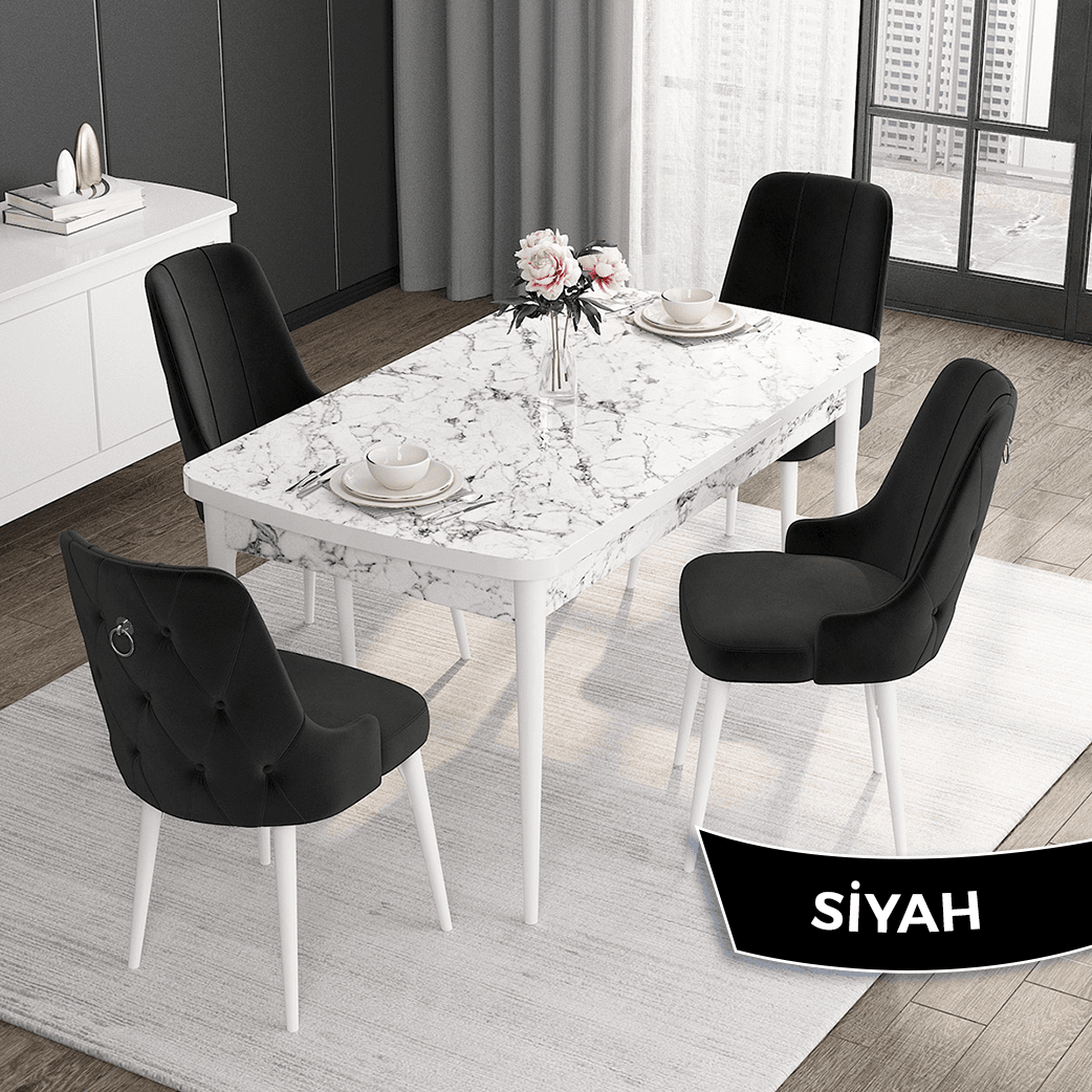 masa beyaz mermer desen sandalye siyah
