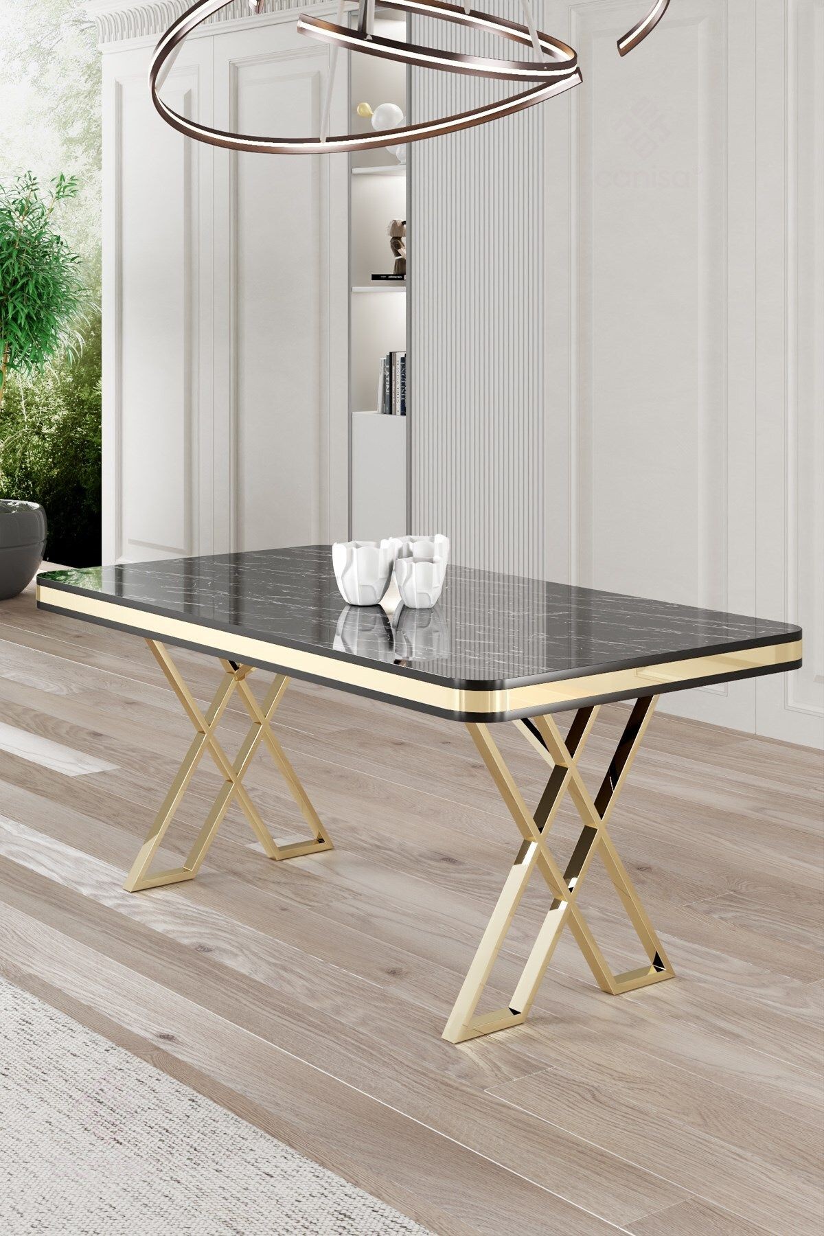 Rigel Serisi 80x130 Lak Panel Sabit Masa Siyah Mermer Desen Gold Ayaklı
