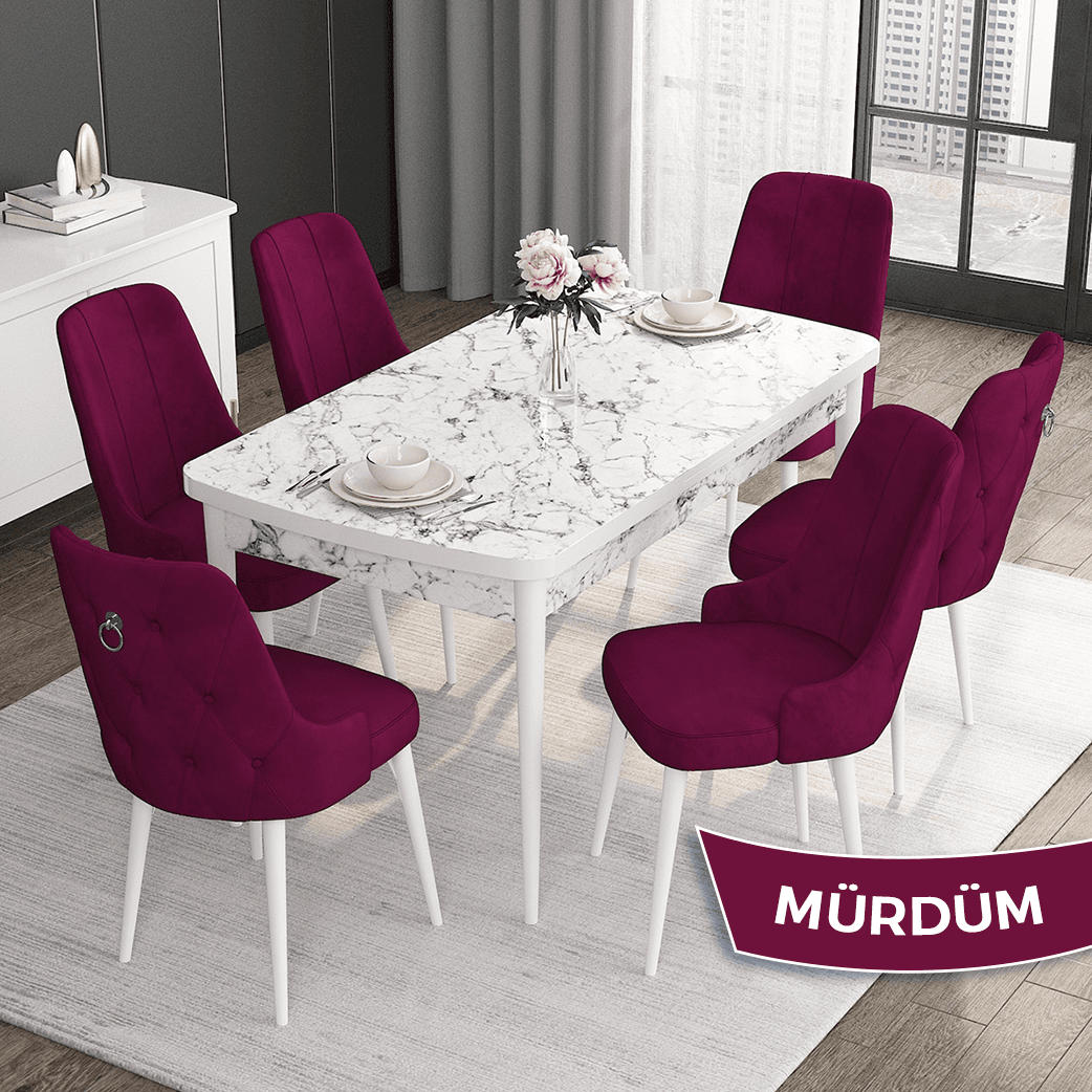 Masa Beyaz Mermer Desen Sandalye Mürdüm