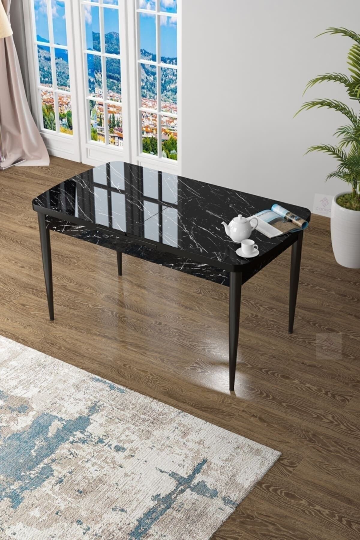 Zen Serisi 80x132 Mdf Açılabilir Siyah Mermer Desen Masa Takımı Ve 6 Sandalye