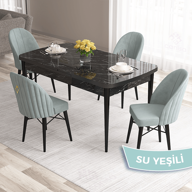 masa siyah mermer sandalye su yeşili