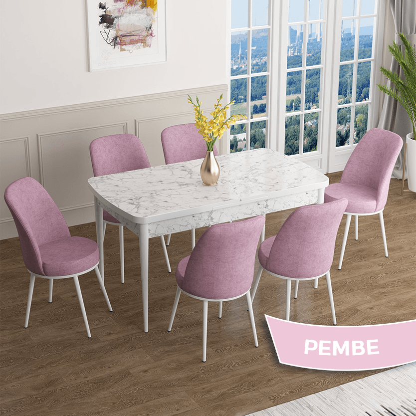 Han Serisi 70x114 Açılabilir Mdf Beyaz Mermer Desen Mutfak Masası Takımı ve 6 Sandalye