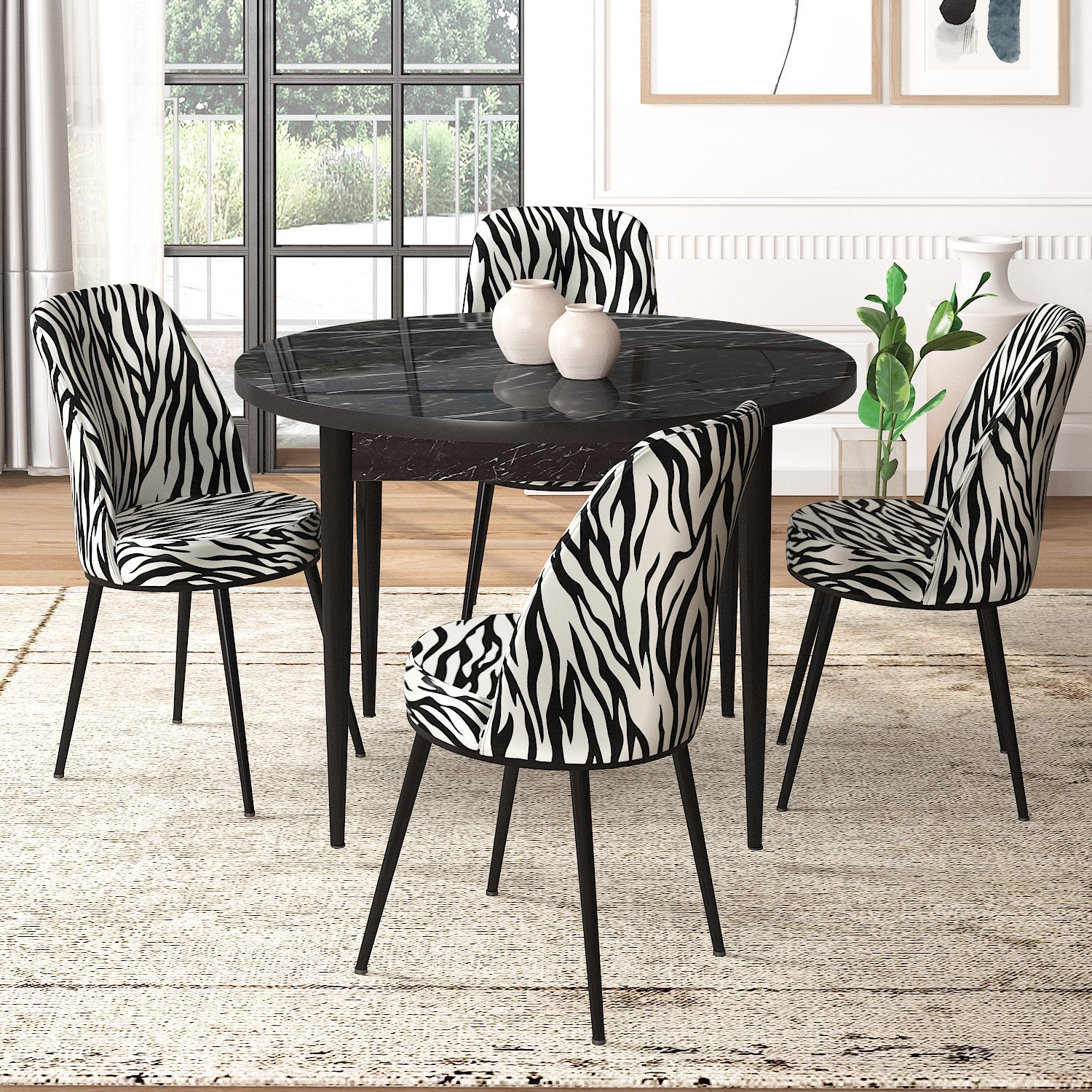 masa siyah mermer desen sandalyeler zebra desen