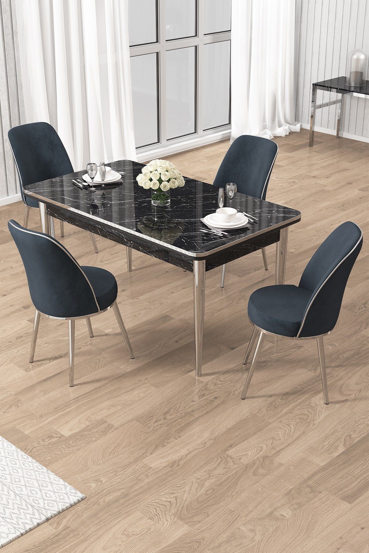 Rewa Serisi 70x110 Sabit Siyah Mermer Desen Krom Detay Masa Takımı ve 4 Antrasit Sandalye