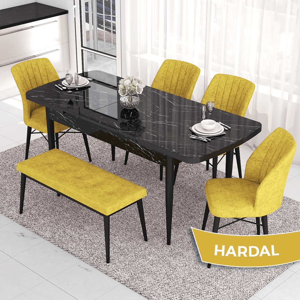 masa siyah mermer desen sandalyeler ve bench hardal