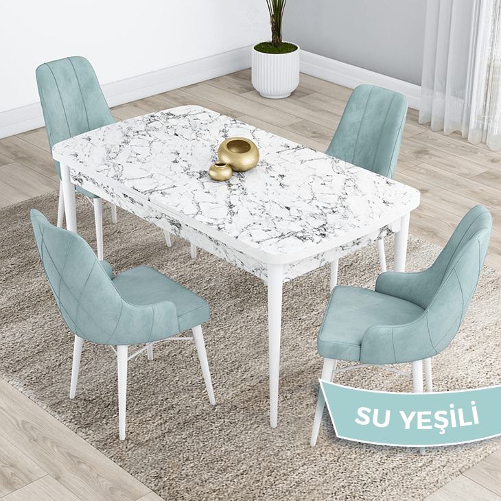 masa beyaz mermer desen sandalye su yeşili