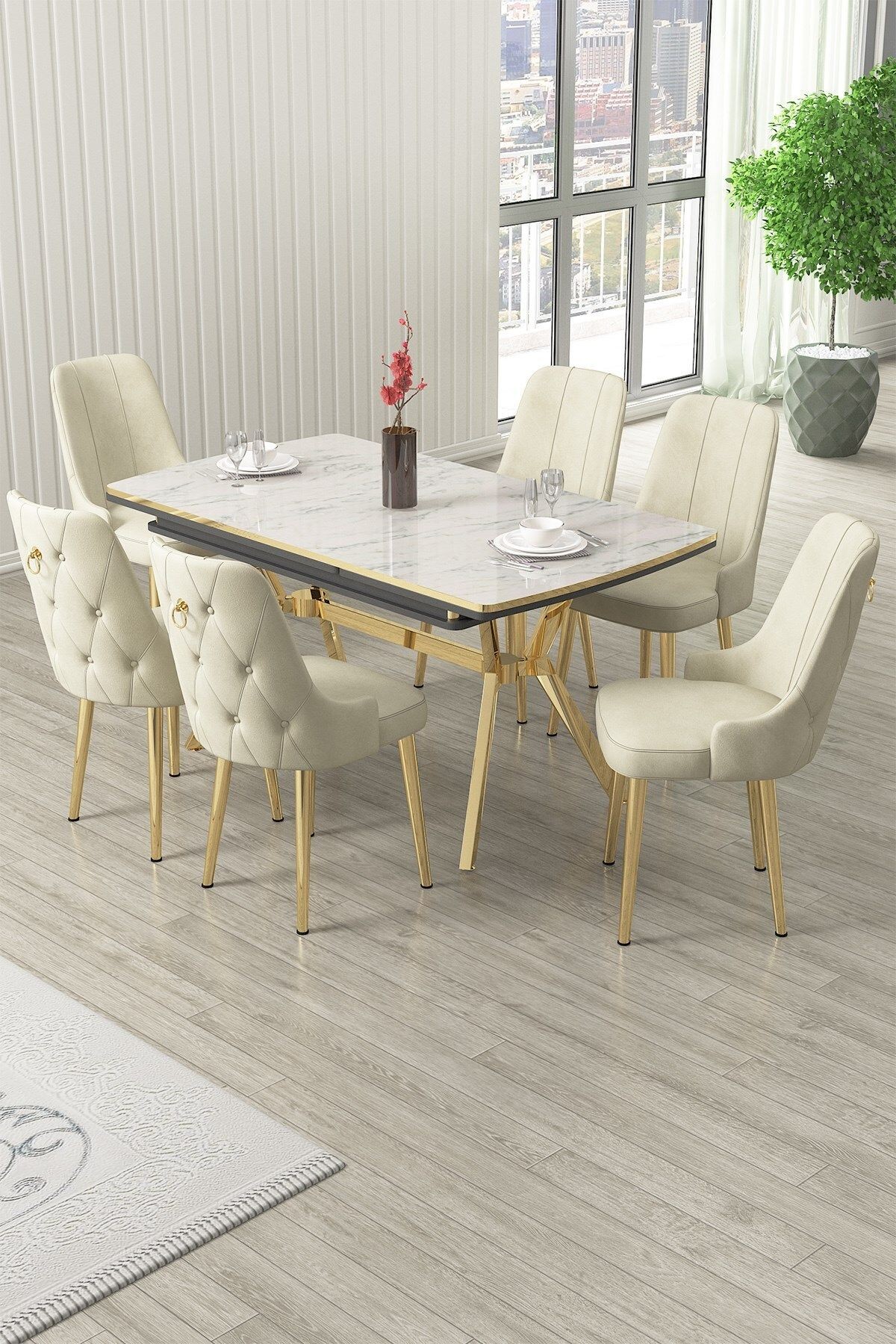 Nis Serisi 89x150 Açılabilir Lak Panel Beyaz Mermer Desen Masa ve 6 Sandalye Krom Kaplama Ayak