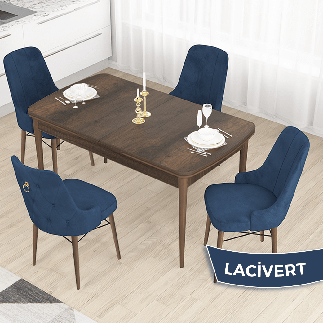 Lacivert Sandalye Barok Ahşap Desen Masa