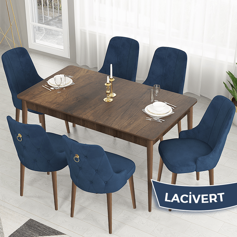 Lacivert Sandalye Barok Ahşap Desen Masa