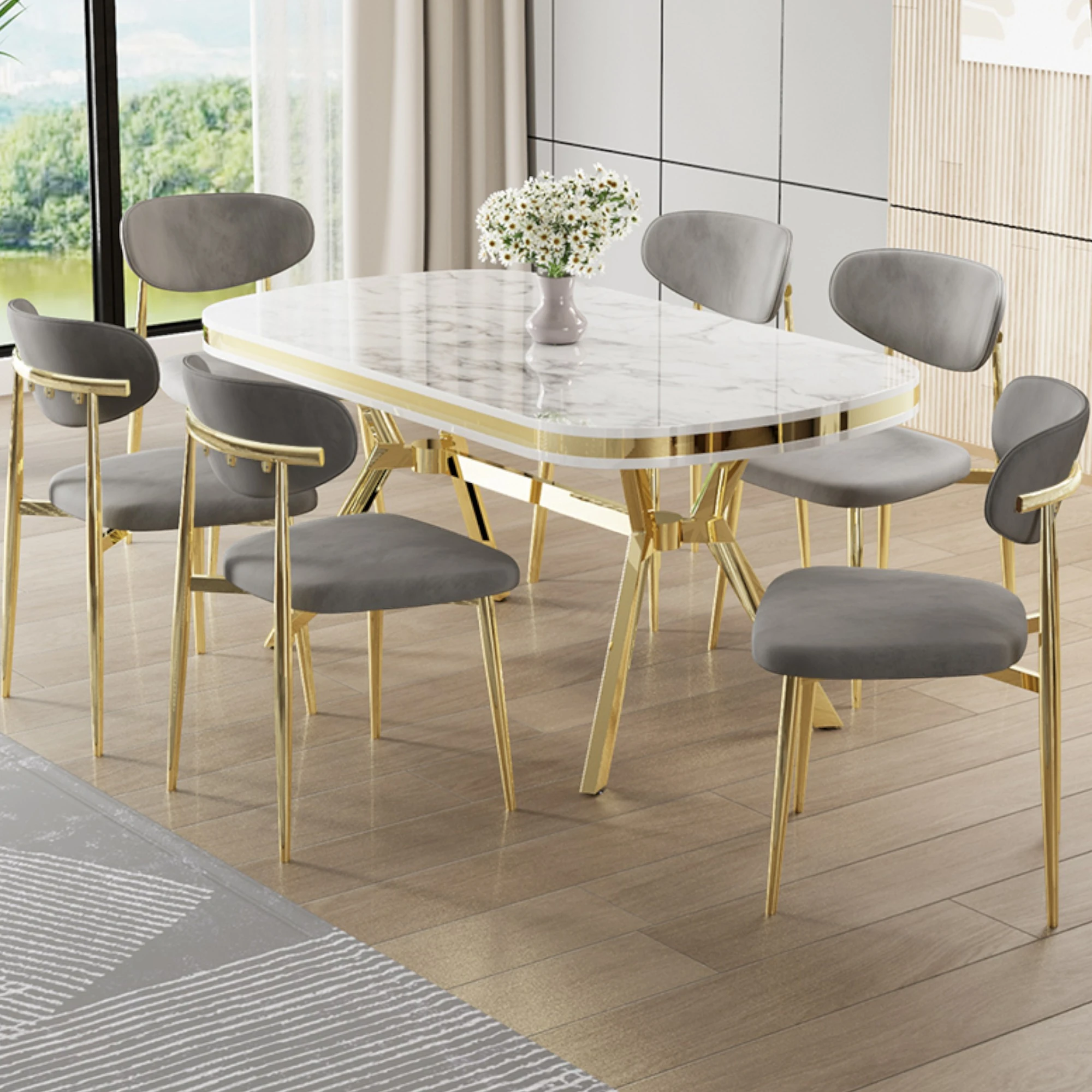 Beyaz Mermer Desen Masa Gri  Sandalye Ayaklar Gold