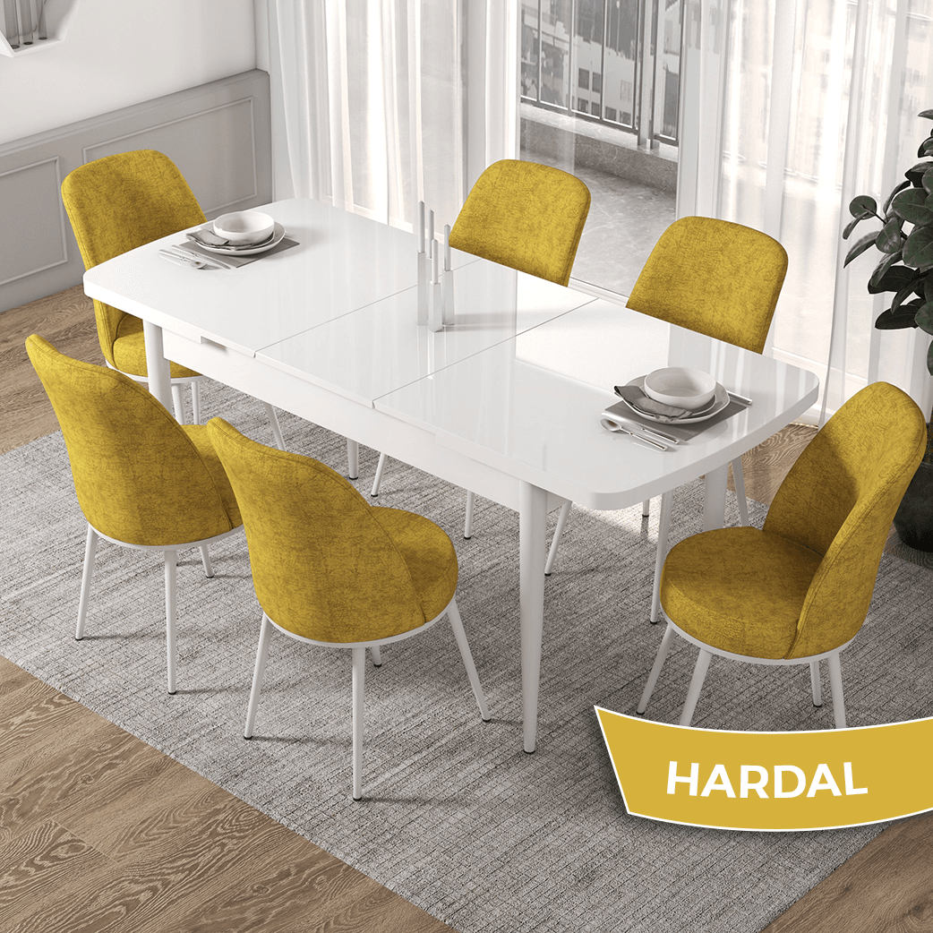 masa beyaz/sandalyeler hardal