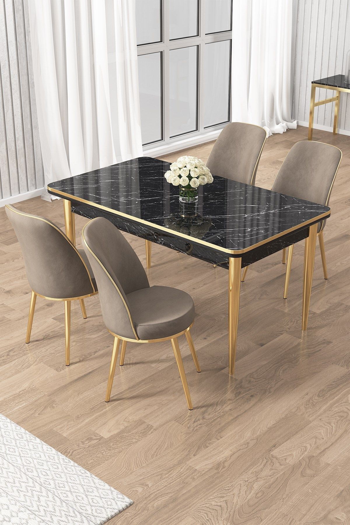 Rewa Serisi 70x110 Sabit Siyah Mermer Desen Gold Detay Masa Takımı ve 4 Cappucino Sandalye