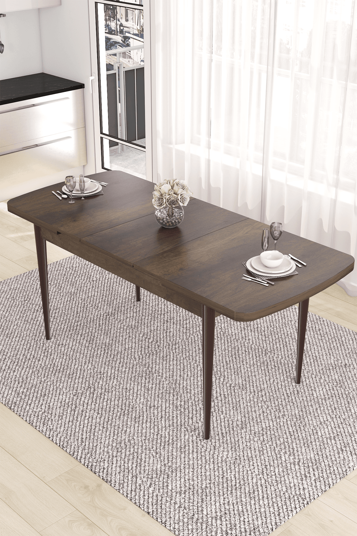 Nex Serisi 80x132 Mdf Açılabilir Gümüş Halka Barok Ahşap Desen Masa Takımı Ve 4 Sandalye