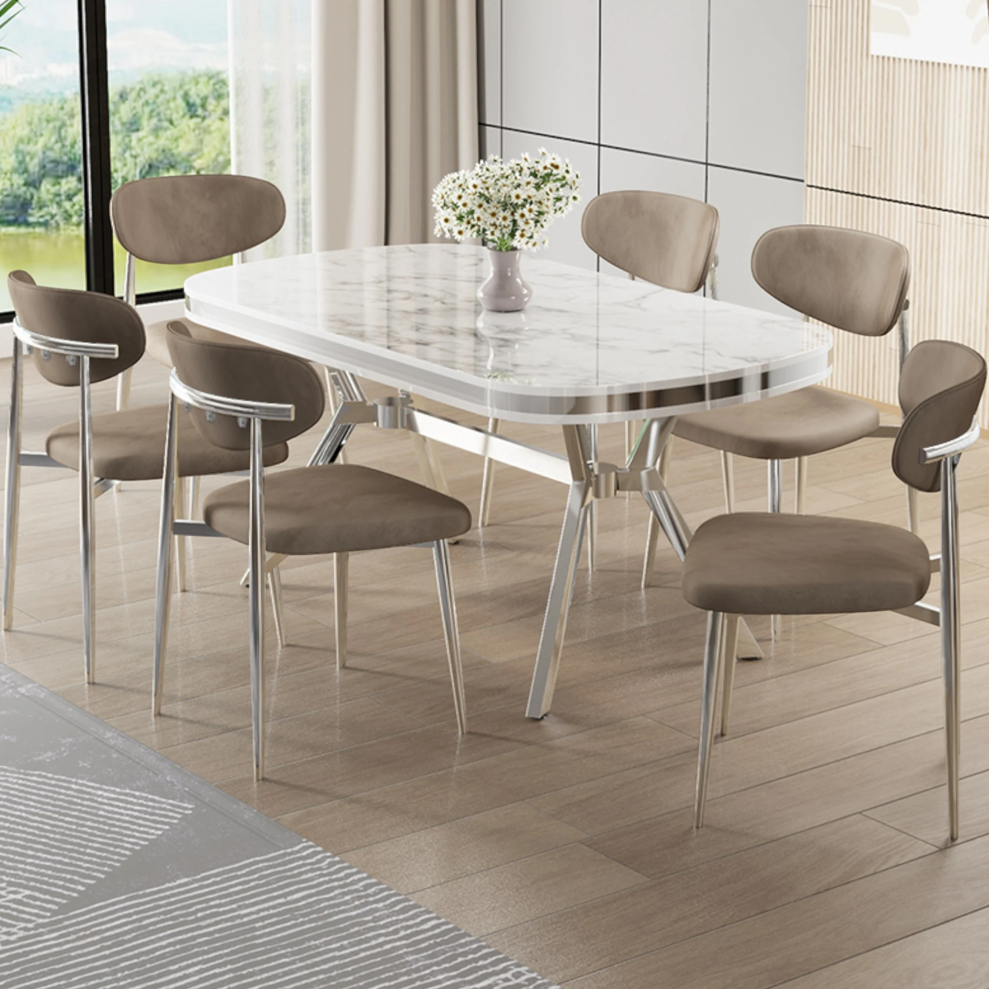 Olya Serisi 90x168 Lak Panel Beyaz Mermer Desen Masa Takımı Krom Ayaklı 6 Sandalye