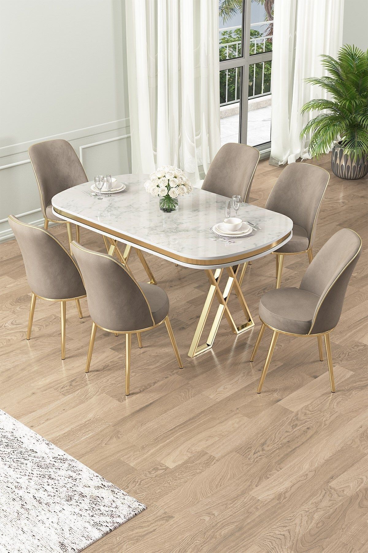 Lai Serisi 90x168 Lak Panel Beyaz Mermer Desen Masa ve 6 Sandalye Gold Kaplama Ayak