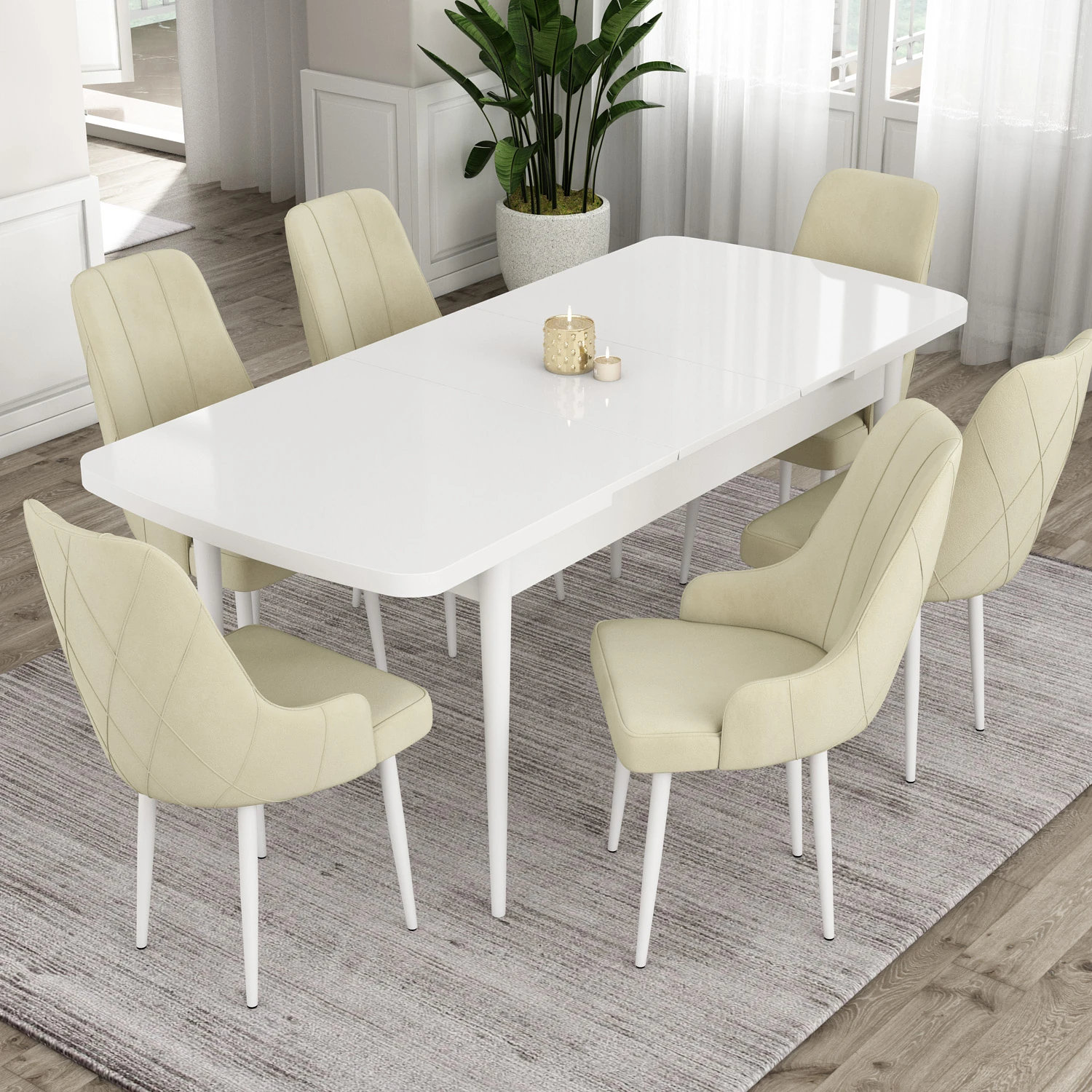 beyaz masa sandalye krem