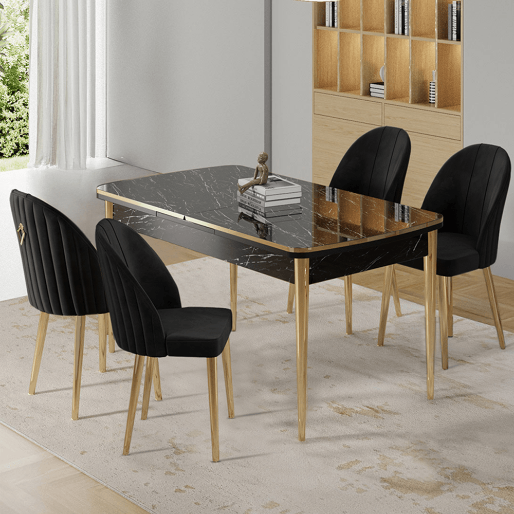 Rada Serisi 80x132 Açılabilir Lak Panel Siyah Mermer Desen Masa 4 Sandalye Gold Detay