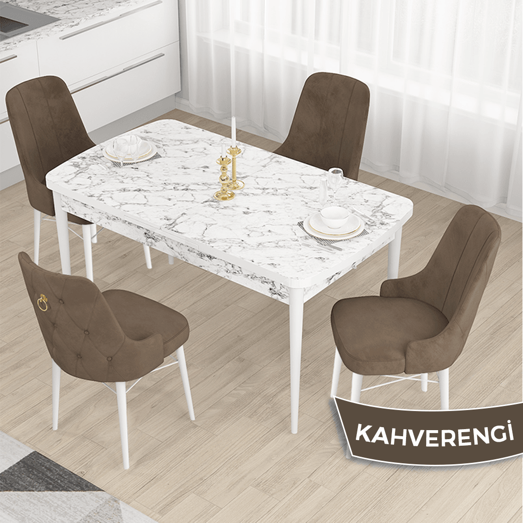 Kahve Sandalye Beyaz Mermer Desen Masa