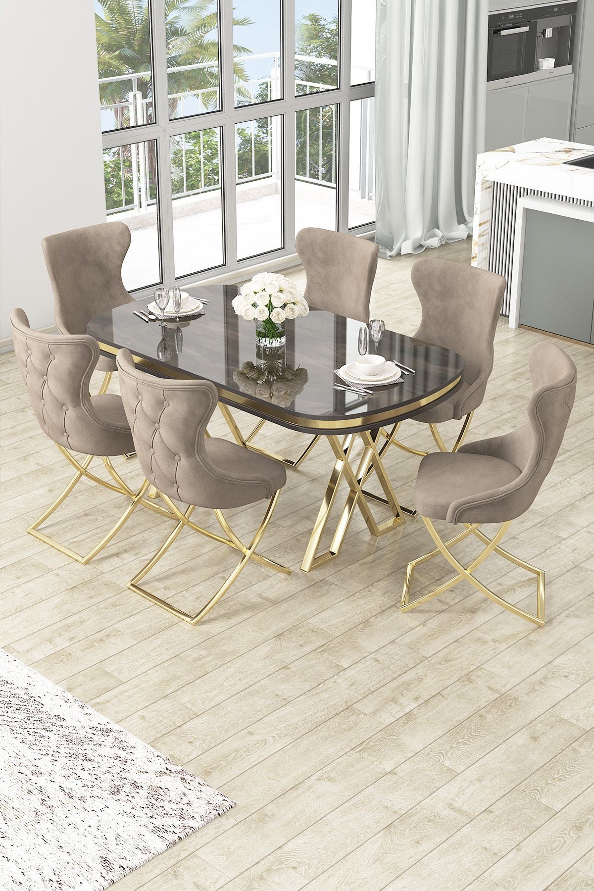 İra Serisi 90x168 Lak Panel Antrasit İroni Masa ve 6 Sandalye Gold Kaplama Ayak