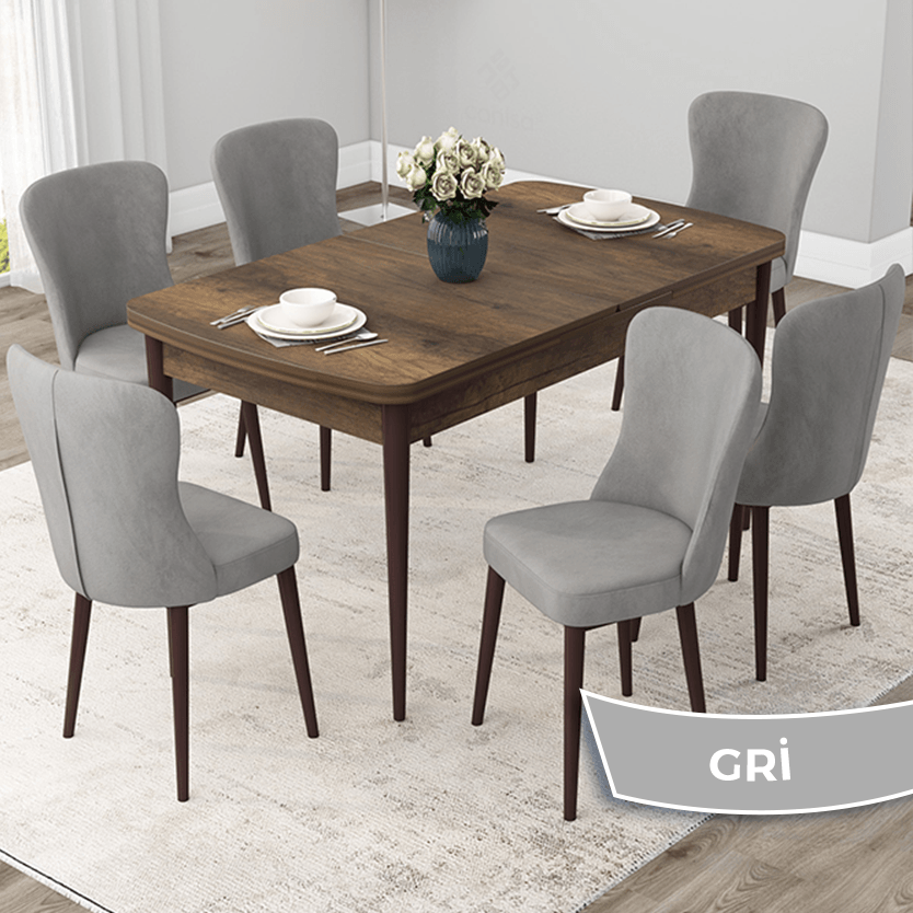 Due Serisi 80x132 Açılabilir Barok Ahşap Desen Masa Takımı Ve 6 Sandalye