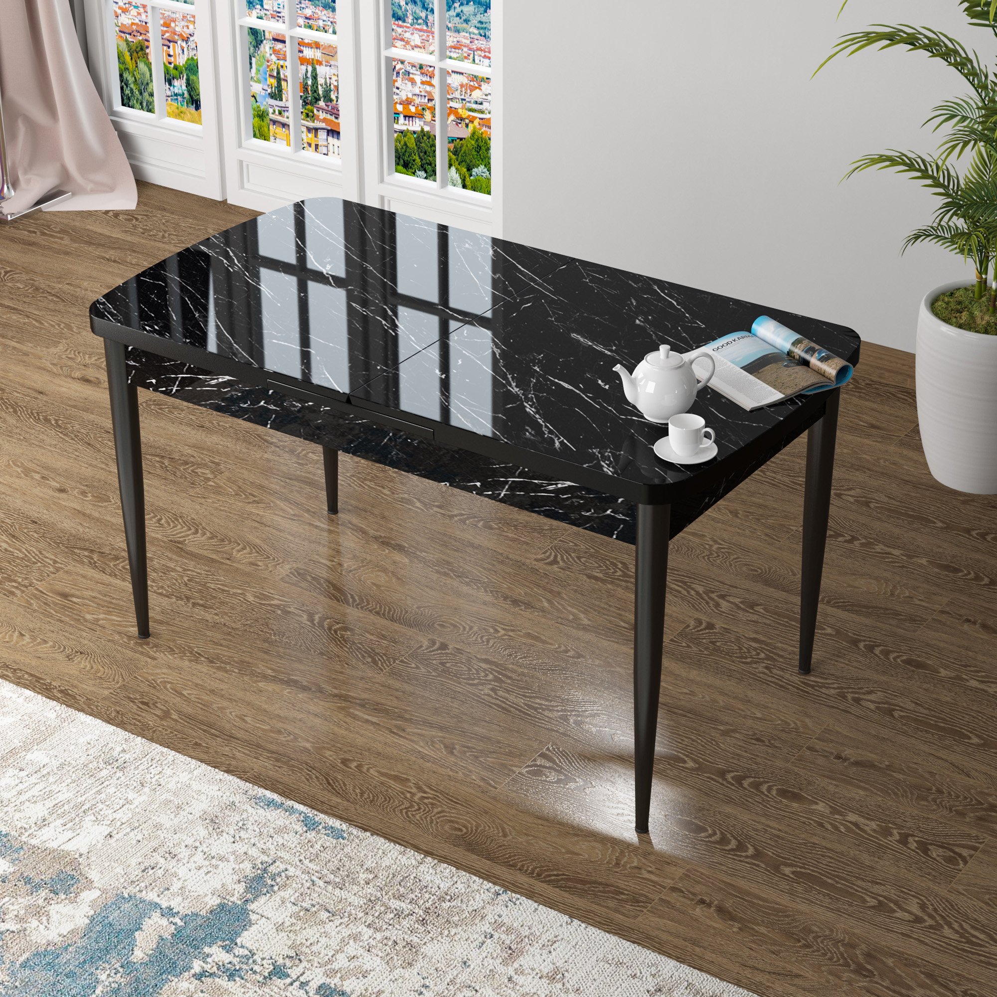 Zen Serisi 80x132 Mdf Açılabilir Siyah Mermer Desen Masa Takımı Ve 6 Sandalye