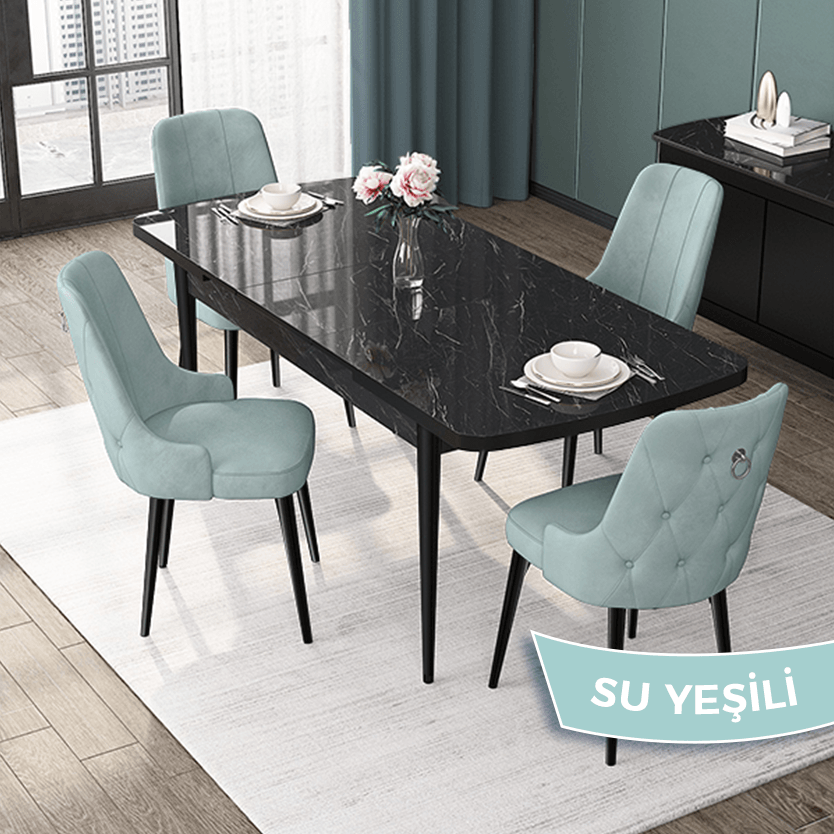 Su yeşili Sandalye Siyah Mermer Desen Masaa