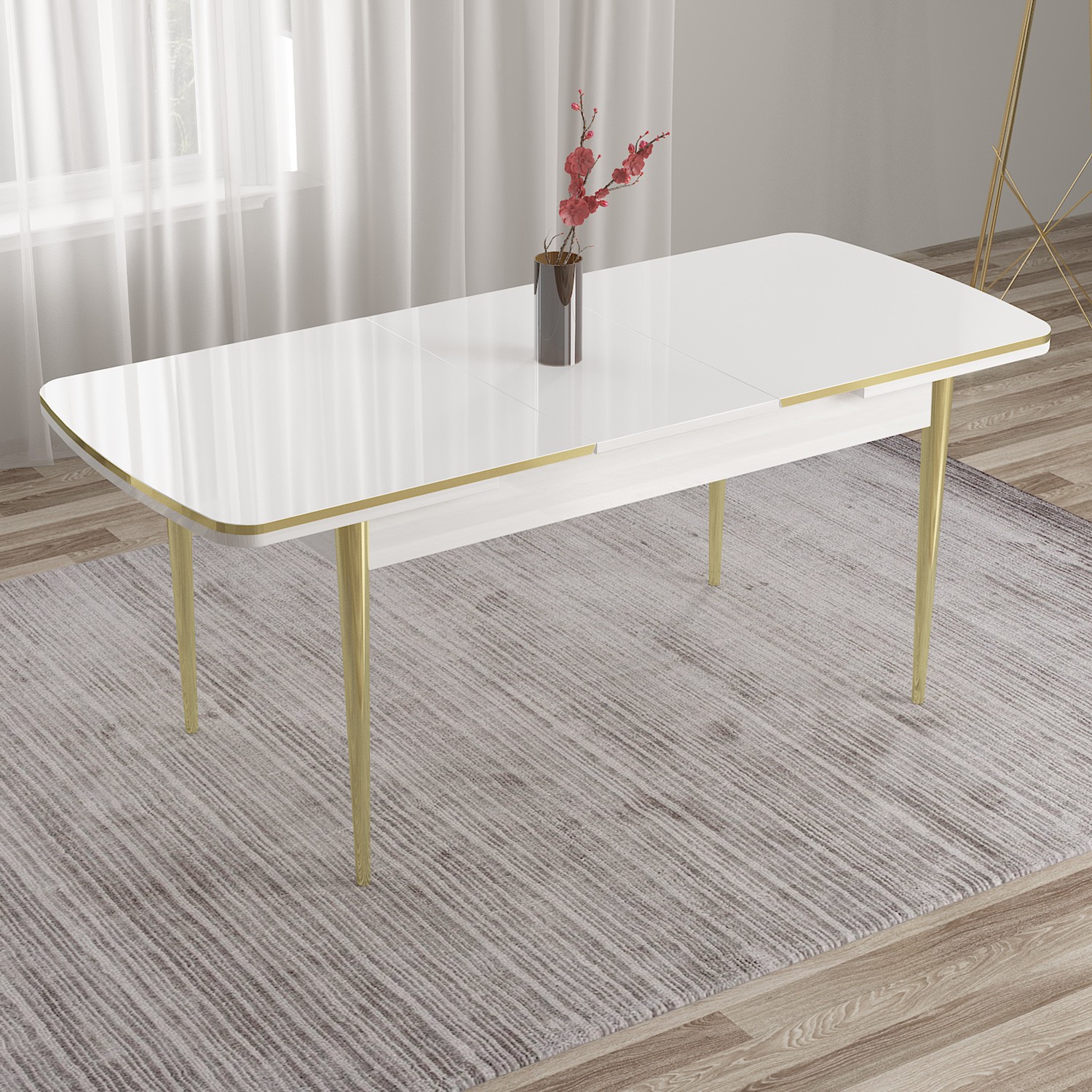 Edaf Serisi 80x132 Açılabilir Gold Detay Beyaz Masa Takımı ve 6 Sandalye