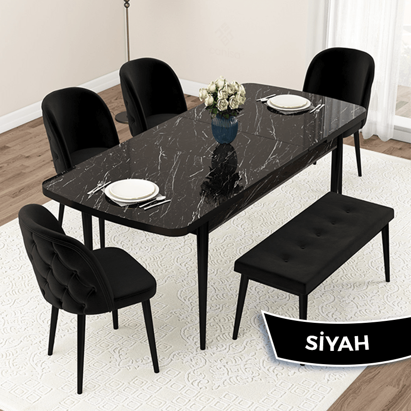 Siyah Sandalye Siyah Mermer Desen Masa