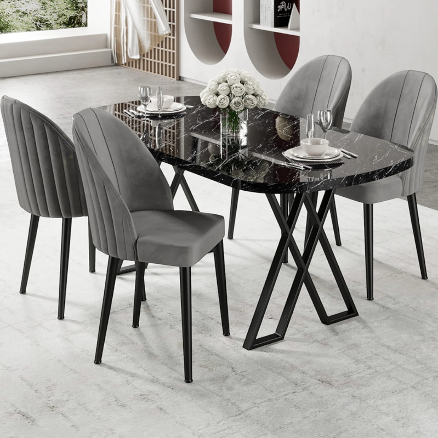 Siyah Mermer Desen Masa Gri Sandalye