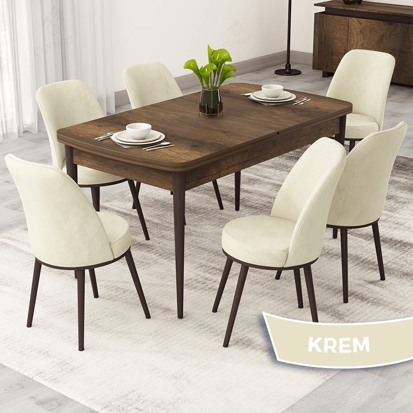 Krem Sandalye Barok Ahşap Desen Masa