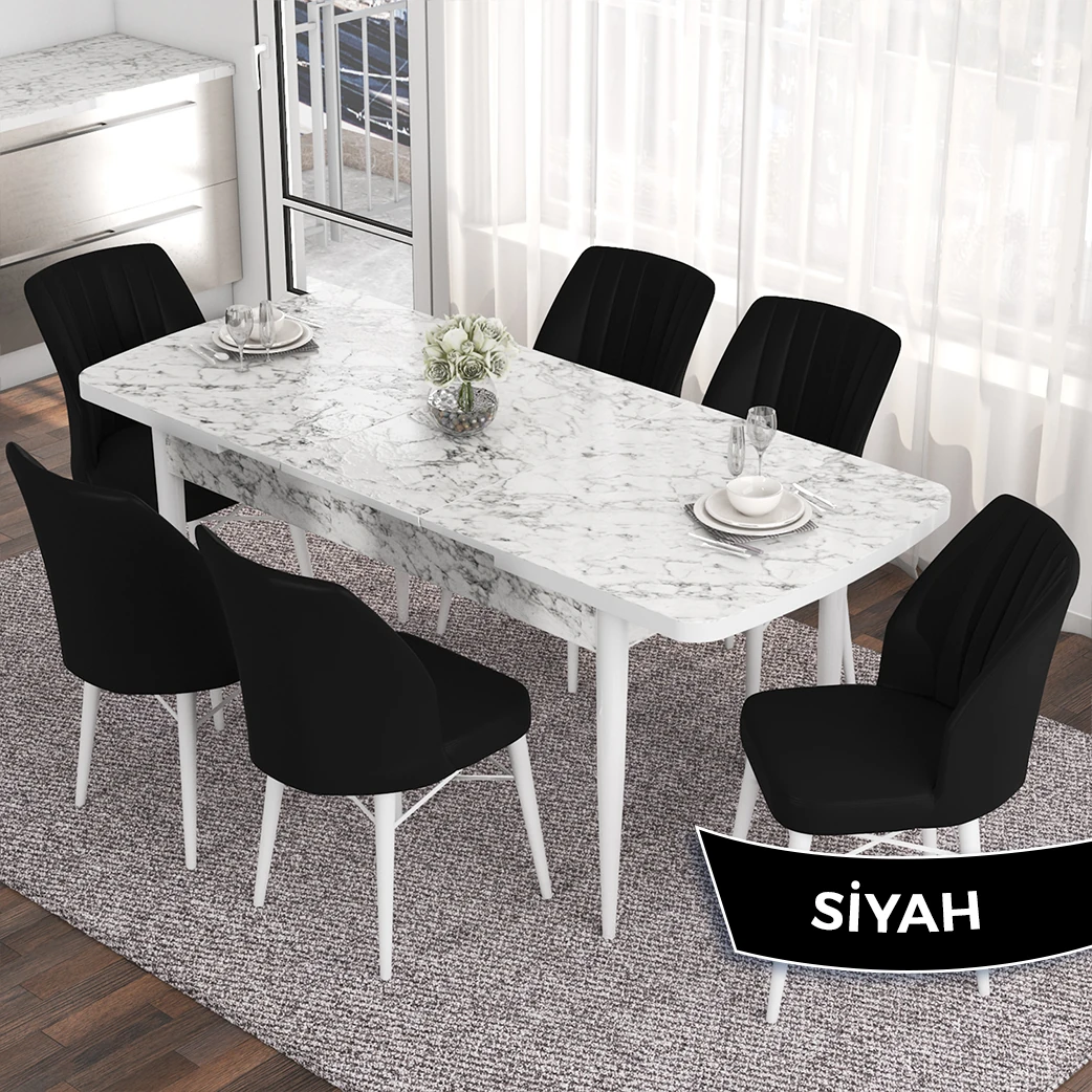 Eva Serisi 80x132 Açılabilir Mdf Beyaz Mermer Desen Masa Takımı Ve 6 Sandalye
