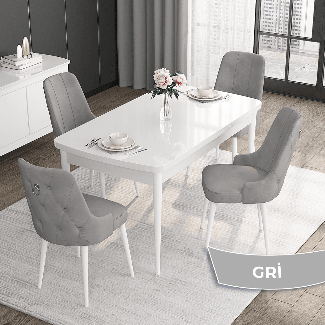 Noa Serisi 80x132 Mdf Açılabilir Gümüş Halka Beyaz Masa Takımı Ve 4 Sandalye
