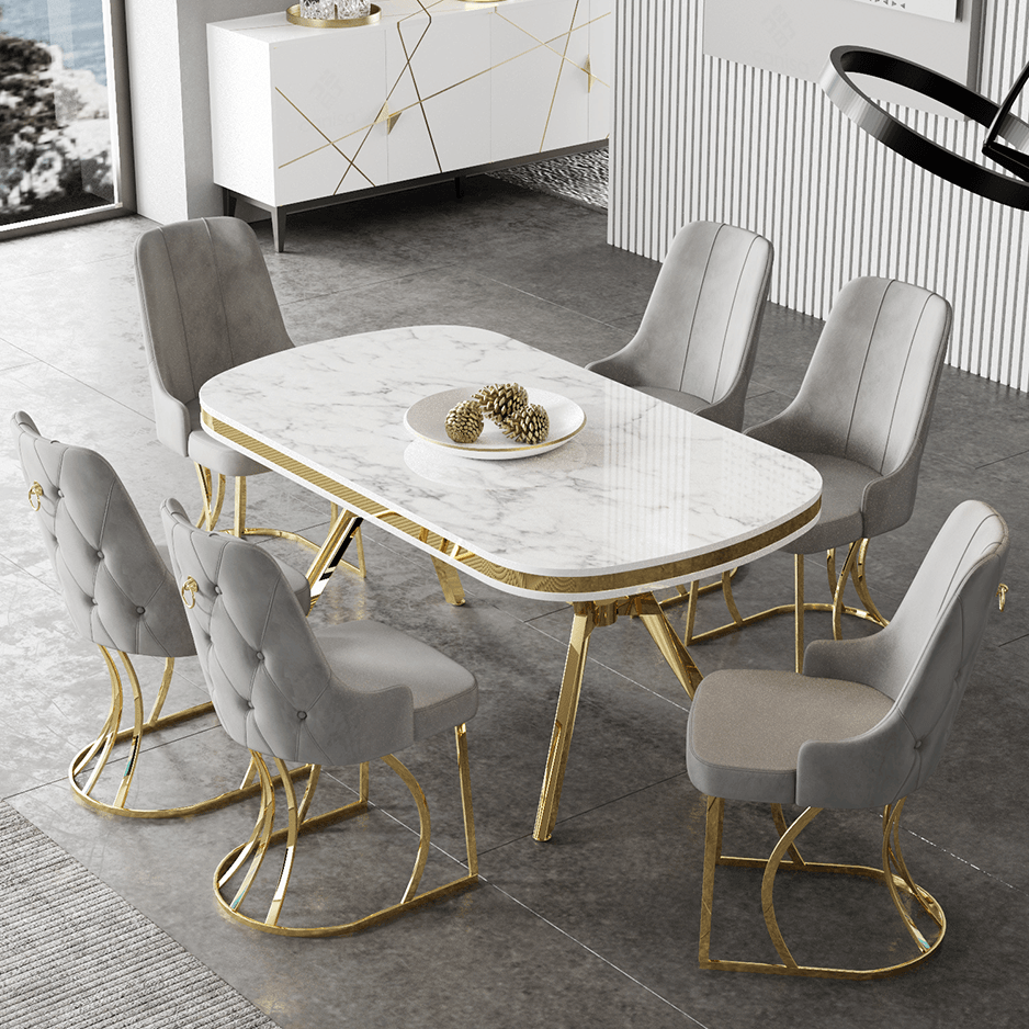 Epal Serisi 90x168 Lak Panel Beyaz Mermer Desen Masa ve 6 Sandalye Gold Kaplama Ayak