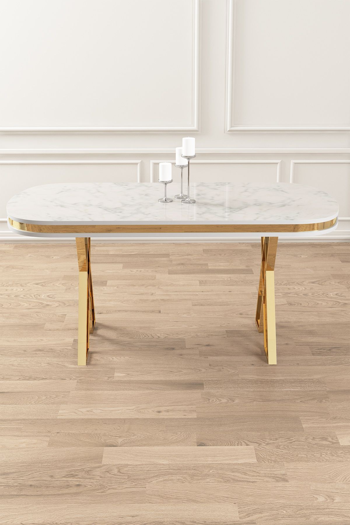 İra Serisi 90x168 Lak Panel Beyaz Mermer Desen Masa ve 6 Sandalye Gold Kaplama Ayak