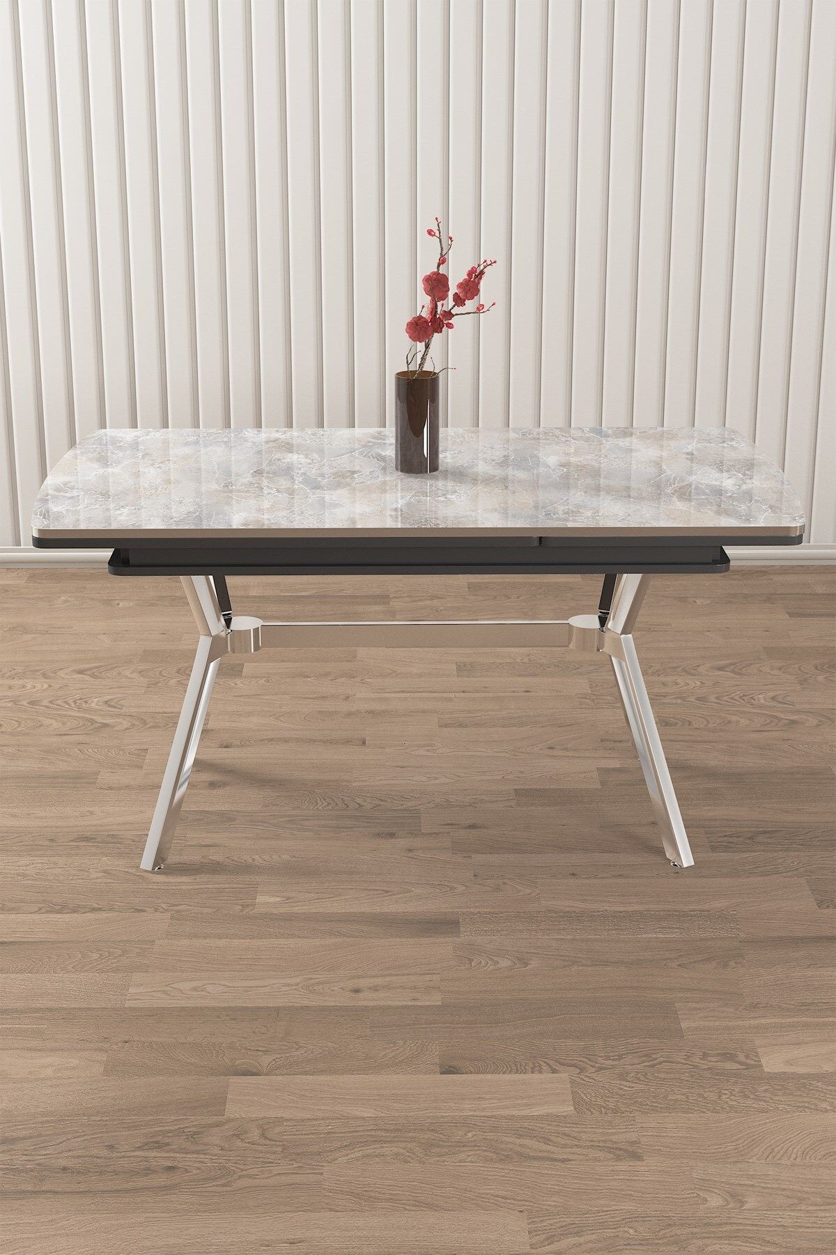 Weps Serisi 89x150 Açılabilir Lak Panel Rampla Gri Krom Ayak Masa Takımı ve 6 Sandalye