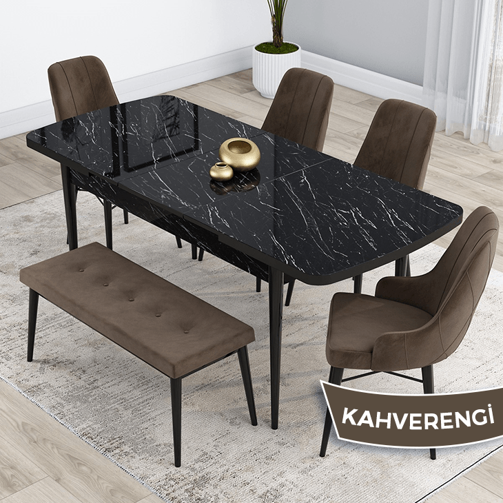 Kar Serisi 80X132 Mdf Açılabilir Siyah Mermer Desen Masa Takımı 4 Sandalye Ve 1 Bench
