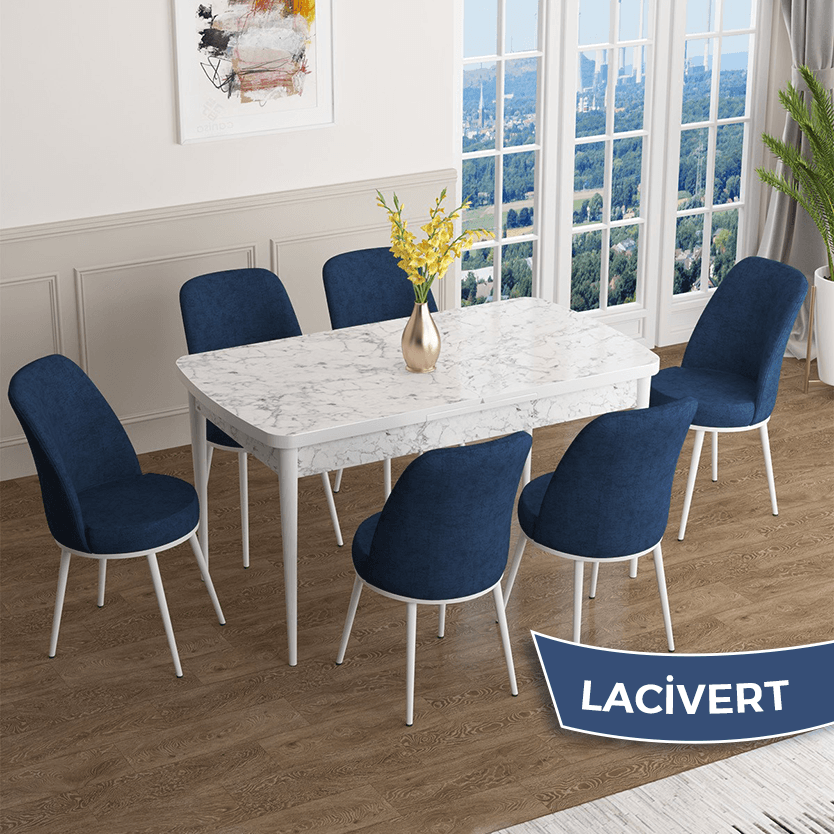 Masa Beyaz Mermer Desen Sandalye lacivert